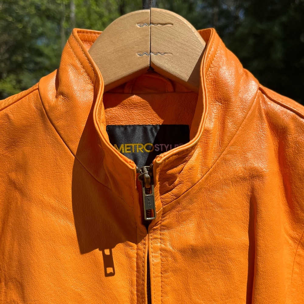 Y2K Metro Style Neon Orange Racing 100% Genuine Leather Jacket Women’s Size L - Picture 16 of 16